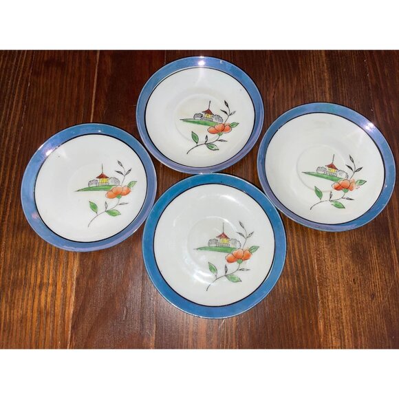 Vintage TT Takito Japan Hand Painted Lusterware Demitasse Cup Saucers Pagoda - Picture 3 of 10